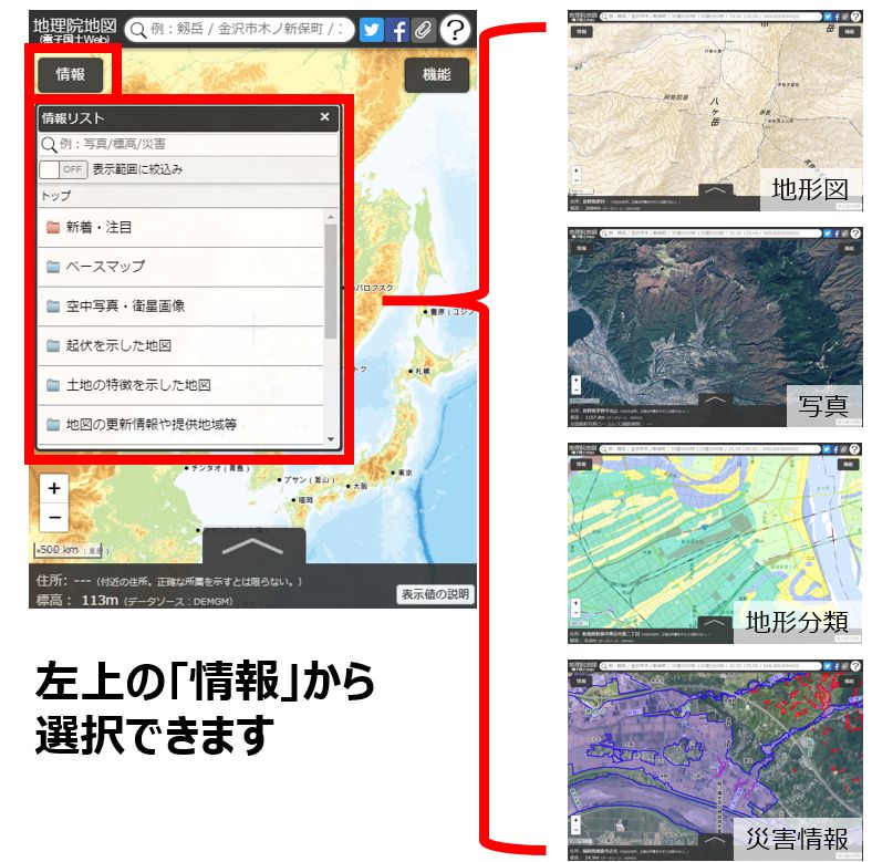 地形図、写真、標高、地形分類、災害情報など、日本の国土の様子を発信しているウェブ地図です。主要な道路や鉄道は、供用開始日に地図に反映しています。地形図、写真、地形分類、災害情報など、多数のレイヤが収録されています。年代別の写真をご覧いただけます。知りたい場所の標高を確認することができます。様々な情報を３Ｄにして見ることができます。スマホの待受画面に地理院地図のアイコンを登録できます。